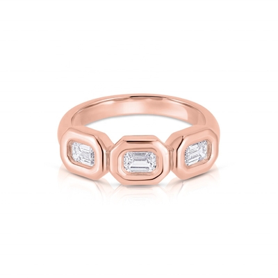حلقه زرمرد سه گانه نقره ای دست ساز با سنگ زرکون AAA و 14K Gold Bezel
