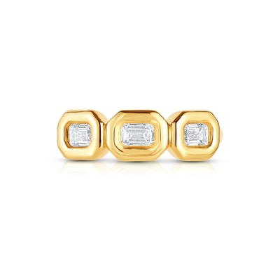 حلقه زرمرد سه گانه نقره ای دست ساز با سنگ زرکون AAA و 14K Gold Bezel