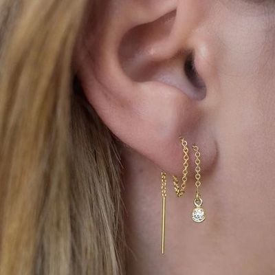 925 استرلینگ نقره ساده 18K طلا زنانه Bezel قطره زنجیر رشته گوشواره