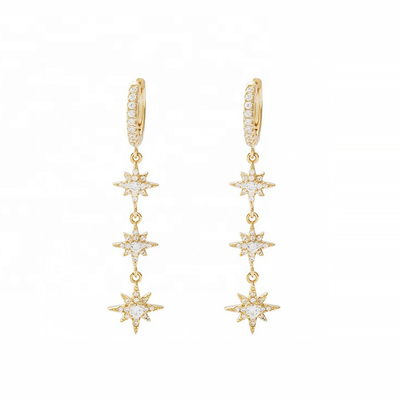 گوشواره های طلایی 925 نقره ای برازیلی Starburst Long Dangle Hoop برای زنان