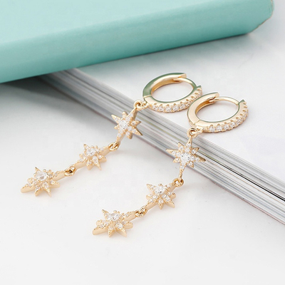 گوشواره های طلایی 925 نقره ای برازیلی Starburst Long Dangle Hoop برای زنان