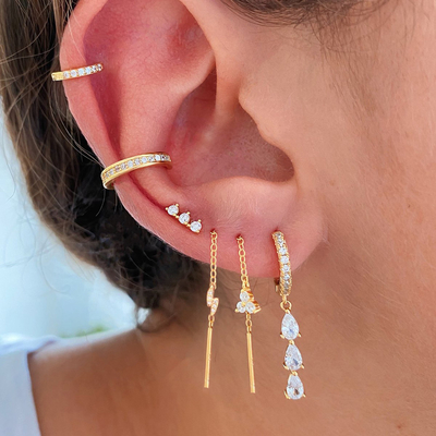 گوشواره های بلند زرکون کوبیک آب قطره برزیلی در حلقه های طلای 18K