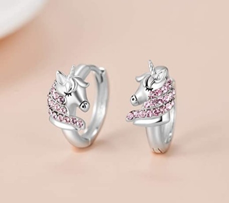 گوشواره‌های حلقه‌ای 16 میلی‌متری نقره استرلینگ 925 با طرح تک‌شاخ و نگین صورتی CZ برای بچه‌ها
