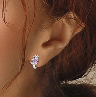 گوشواره‌های حلقه‌ای 16 میلی‌متری نقره استرلینگ 925 با طرح تک‌شاخ و نگین صورتی CZ برای بچه‌ها