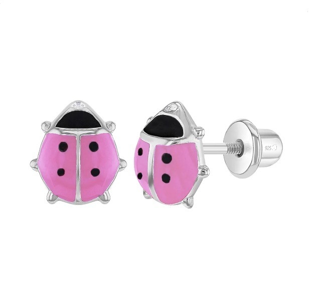925 Sterling Silver 8mm Pink and Black Enamel Ladybug Stud Earrings for Baby Girls with Screw Back