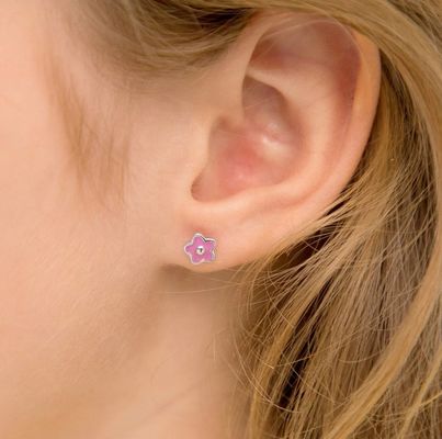 گوشواره‌های میخی گل میناکاری صورتی 6 میلی‌متری نقره استرلینگ 925 با لوگوی سفارشی و ارزیابی شخص ثالث برای کودکان