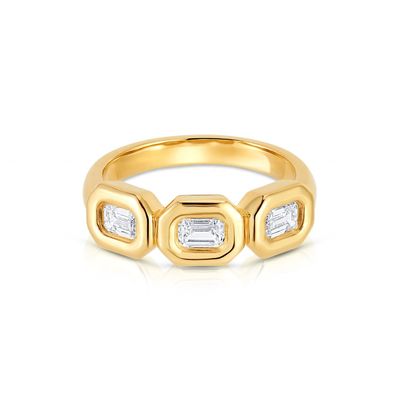 حلقه زرمرد سه گانه نقره ای دست ساز با سنگ زرکون AAA و 14K Gold Bezel