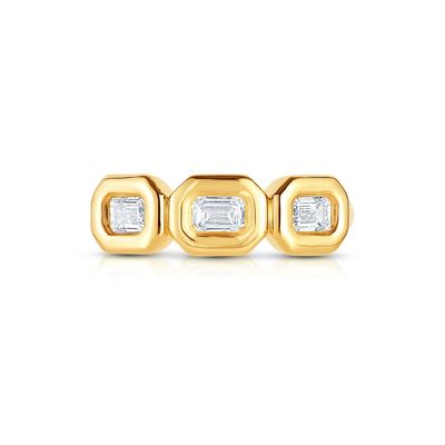 حلقه زرمرد سه گانه نقره ای دست ساز با سنگ زرکون AAA و 14K Gold Bezel