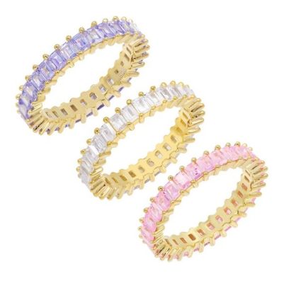ZIRCON Main Stone 925 Sterling Silver Baguette Pink Crystal CZ Eternity Band Women Rings