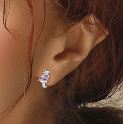 گوشواره‌های حلقه‌ای 16 میلی‌متری نقره استرلینگ 925 با طرح تک‌شاخ و نگین صورتی CZ برای بچه‌ها